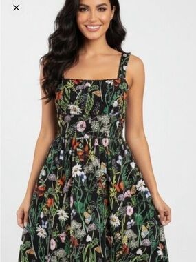 Avec Les Filles botanical butterfly midi corset black cotton flare dress size 2